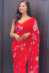 Red Georgette Pre-Stitched Saree with Handwork and Golden Lace Border