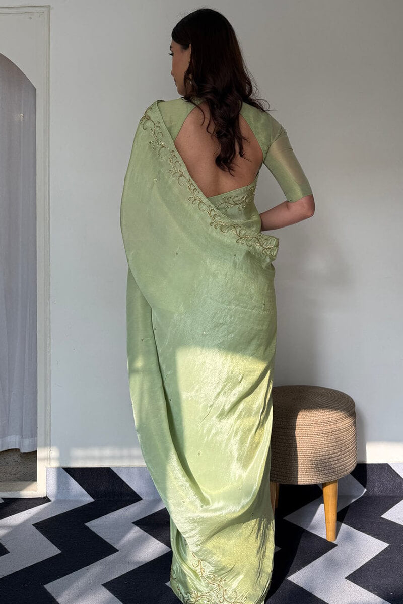 Glowing Elegance Pista Malai Satin Silk Saree