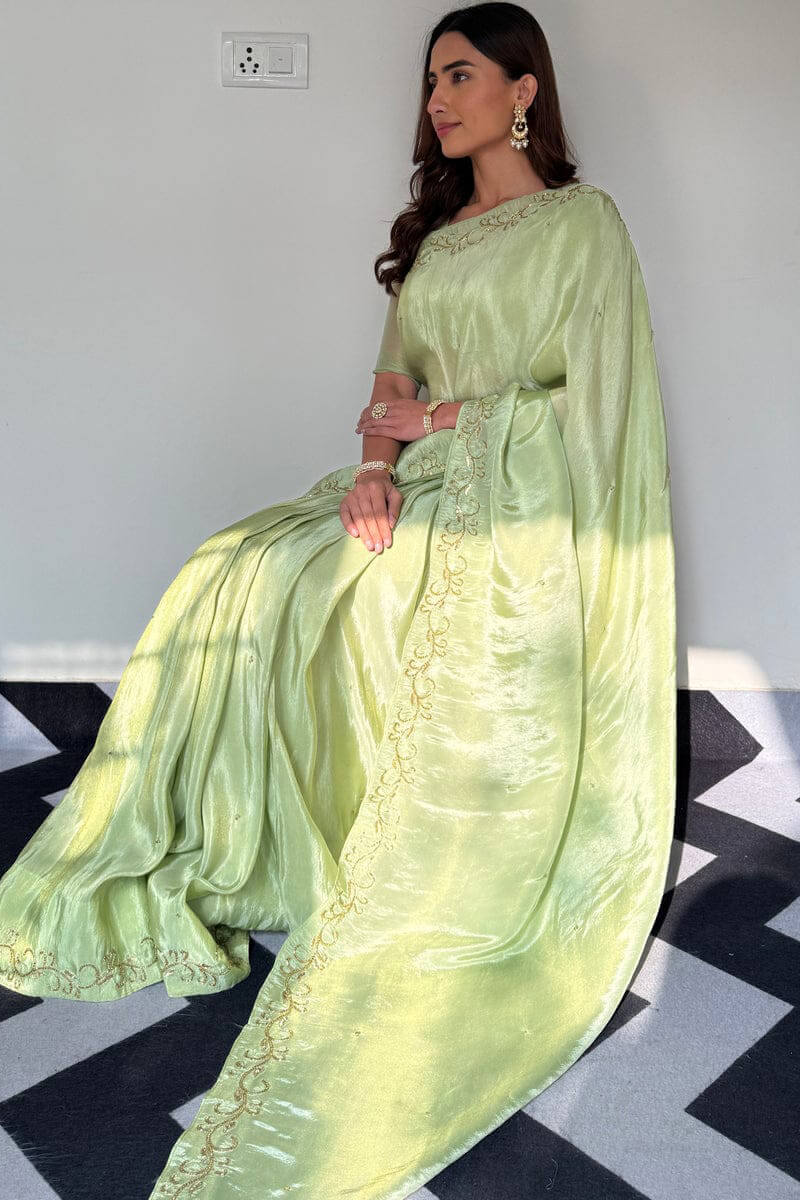 Glowing Elegance Pista Malai Satin Silk Saree