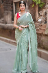 Pista Mul Cotton Pre-Stitched Saree with Digital Print & Pocket