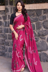 Stylish & Practical – Dark Pink Mul Cotton Digital Printed Pre-Stitched Saree with Pocket