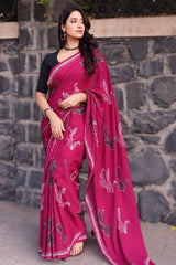 Stylish & Practical – Dark Pink Mul Cotton Digital Printed Pre-Stitched Saree with Pocket