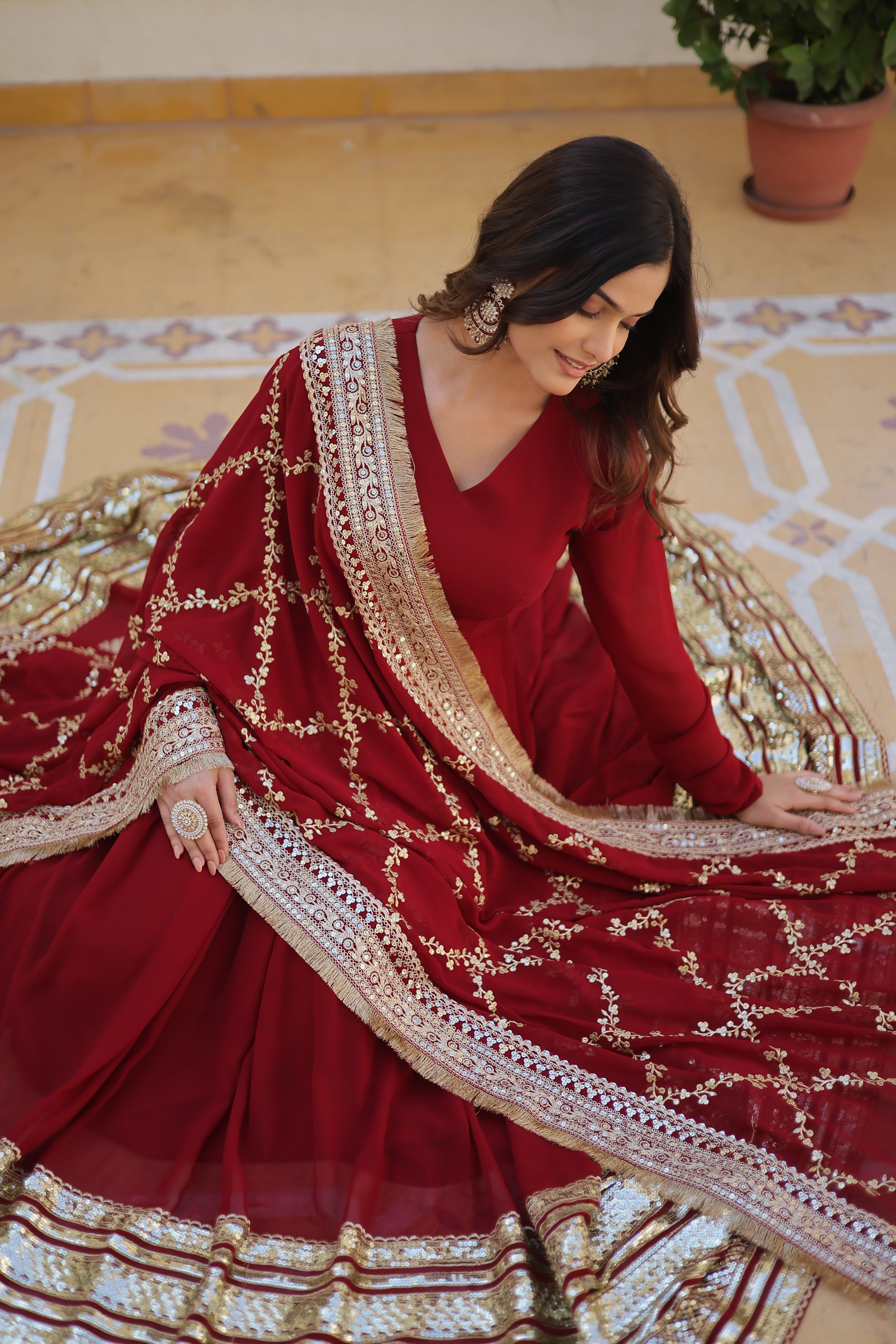 Elegant Faux Blooming Embroidered Gown Set