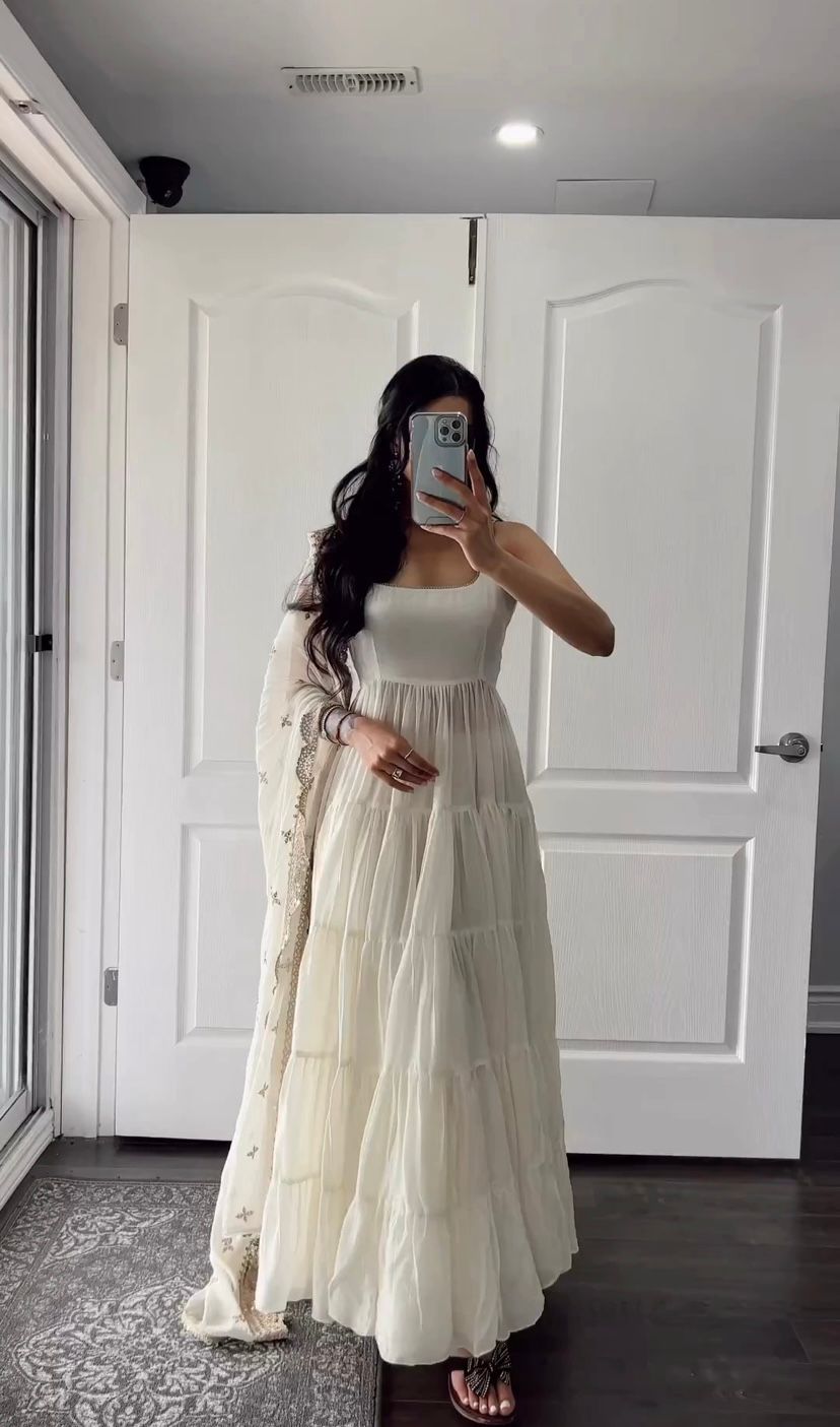 Faux Georgette Fully Stitched Ruffle Flair Anarkali Gown with Embroidered Dupatta – Elegant Festival & Party Wear