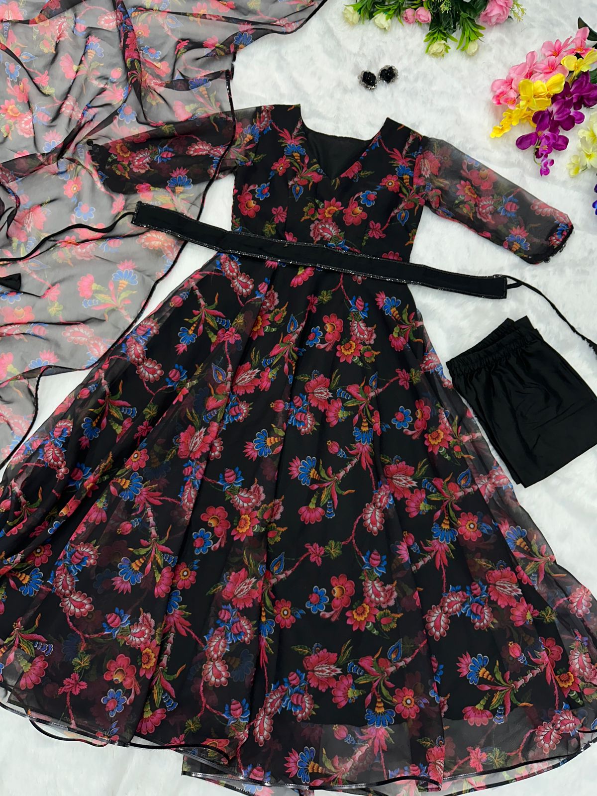Georgette Silk Anarkali Suit – Digital Print with Lace Border, Fully Stitched