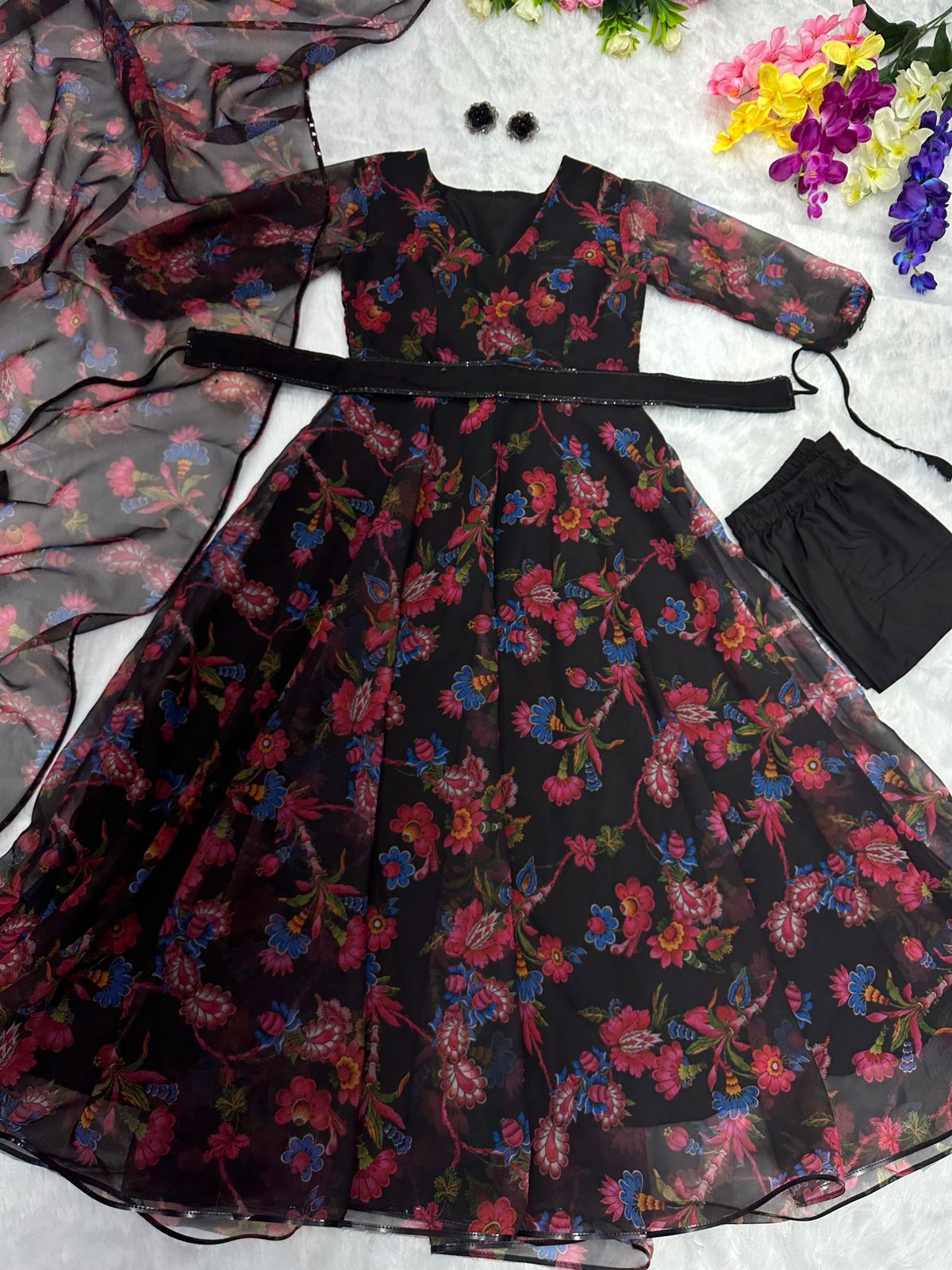 Georgette Silk Anarkali Suit – Digital Print with Lace Border, Fully Stitched