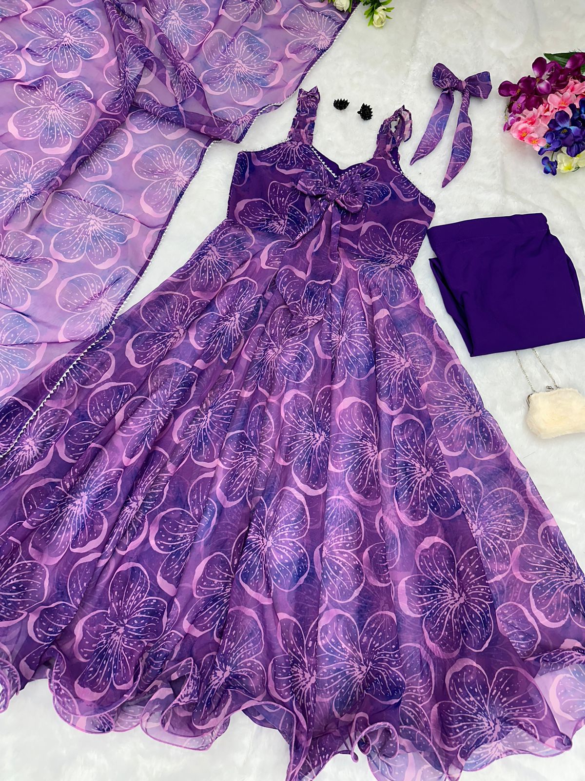 Elegant Georgette Silk Anarkali Suit with Digital Print & Lace Border Dupatta – Party & Function Wear