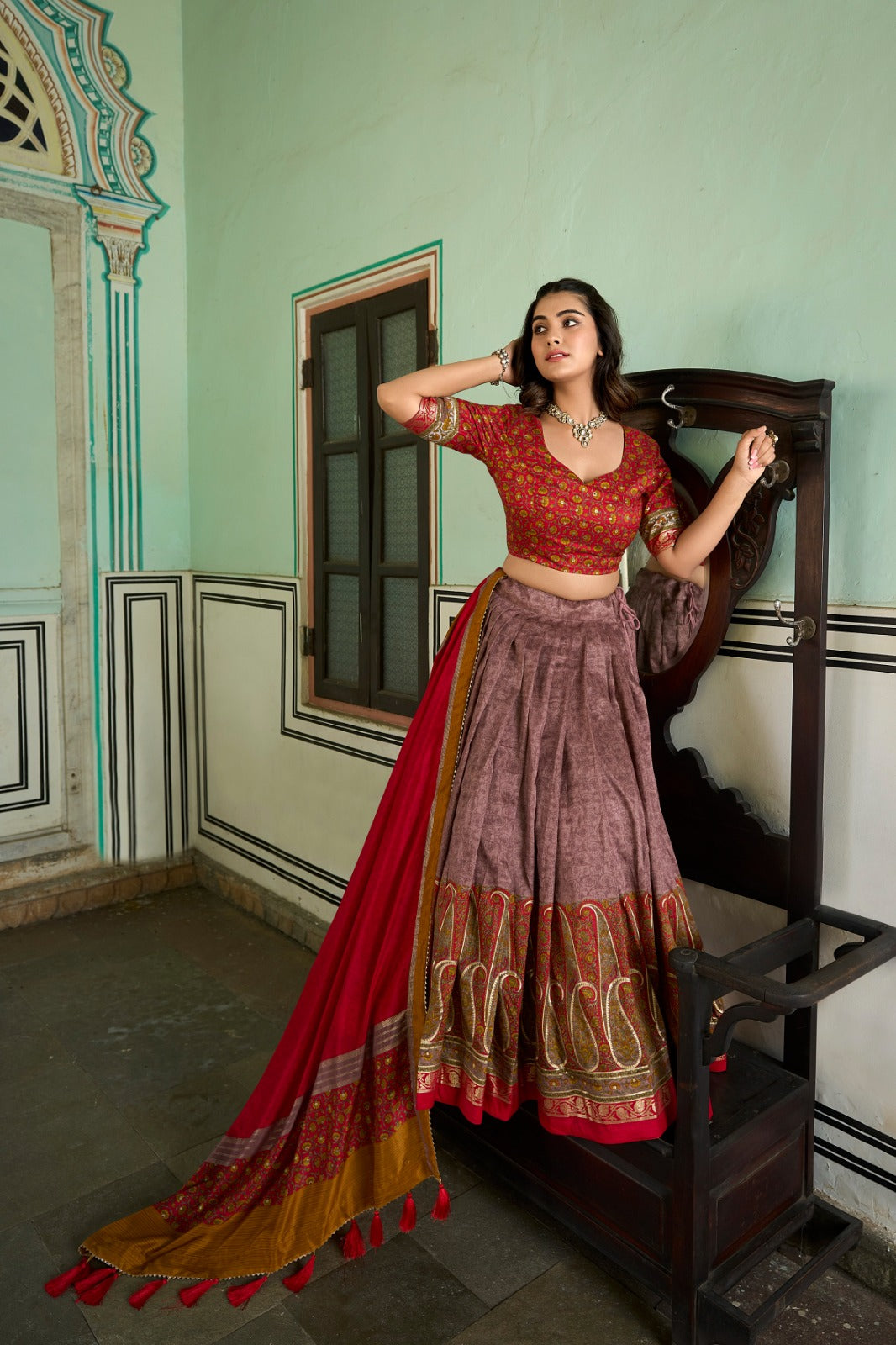 Elegant Tussar Silk Lehenga Choli with Kashmiri Foil Print | Special Occasion Wear