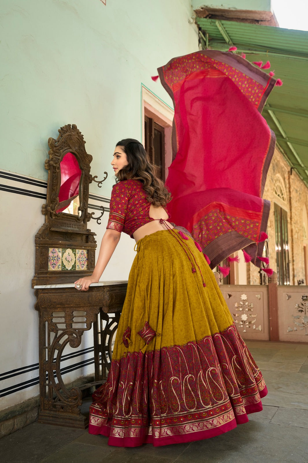 Elegant Tussar Silk Lehenga Choli with Kashmiri Foil Print | Special Occasion Wear