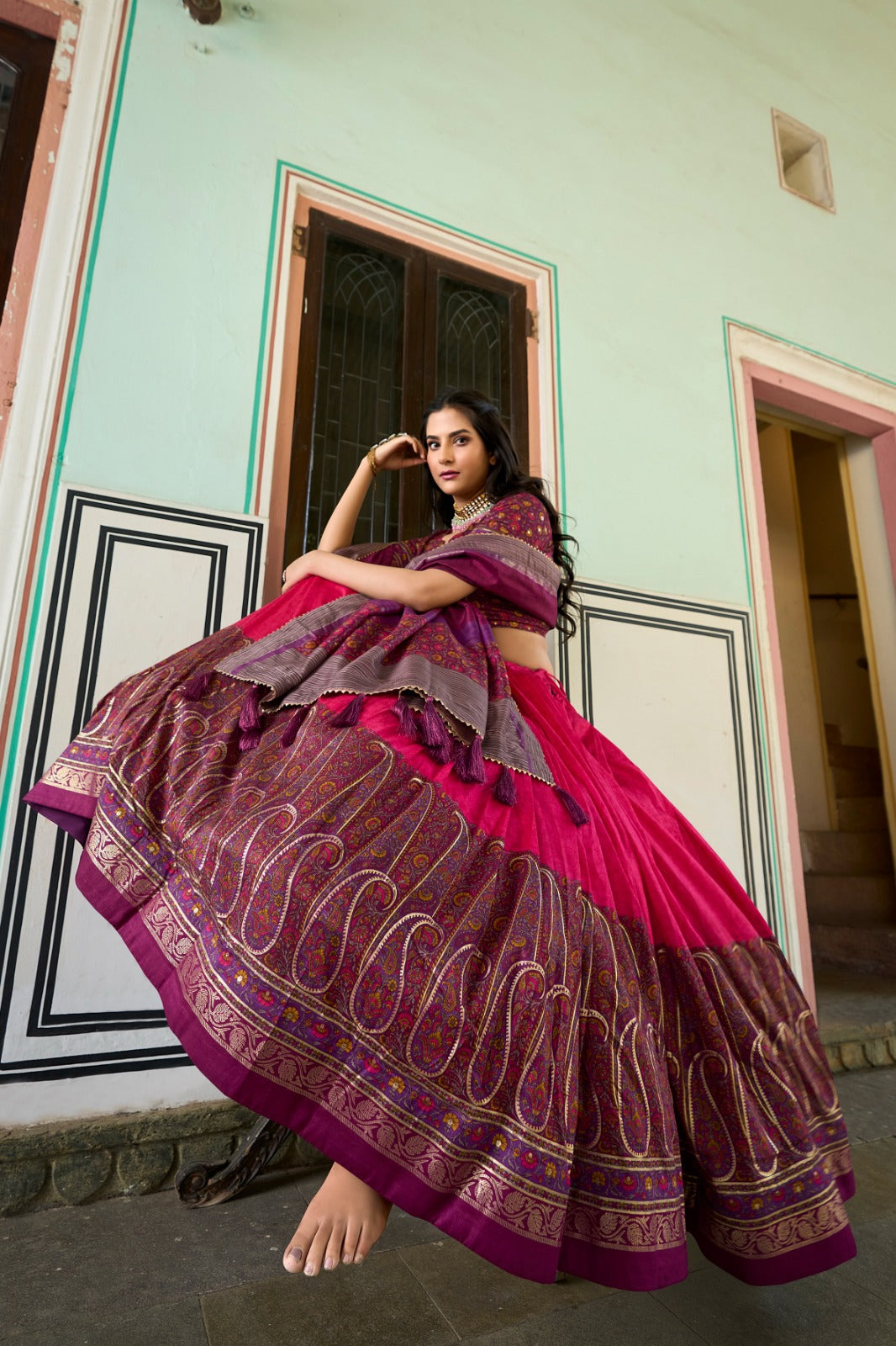 Elegant Tussar Silk Lehenga Choli with Kashmiri Foil Print | Special Occasion Wear