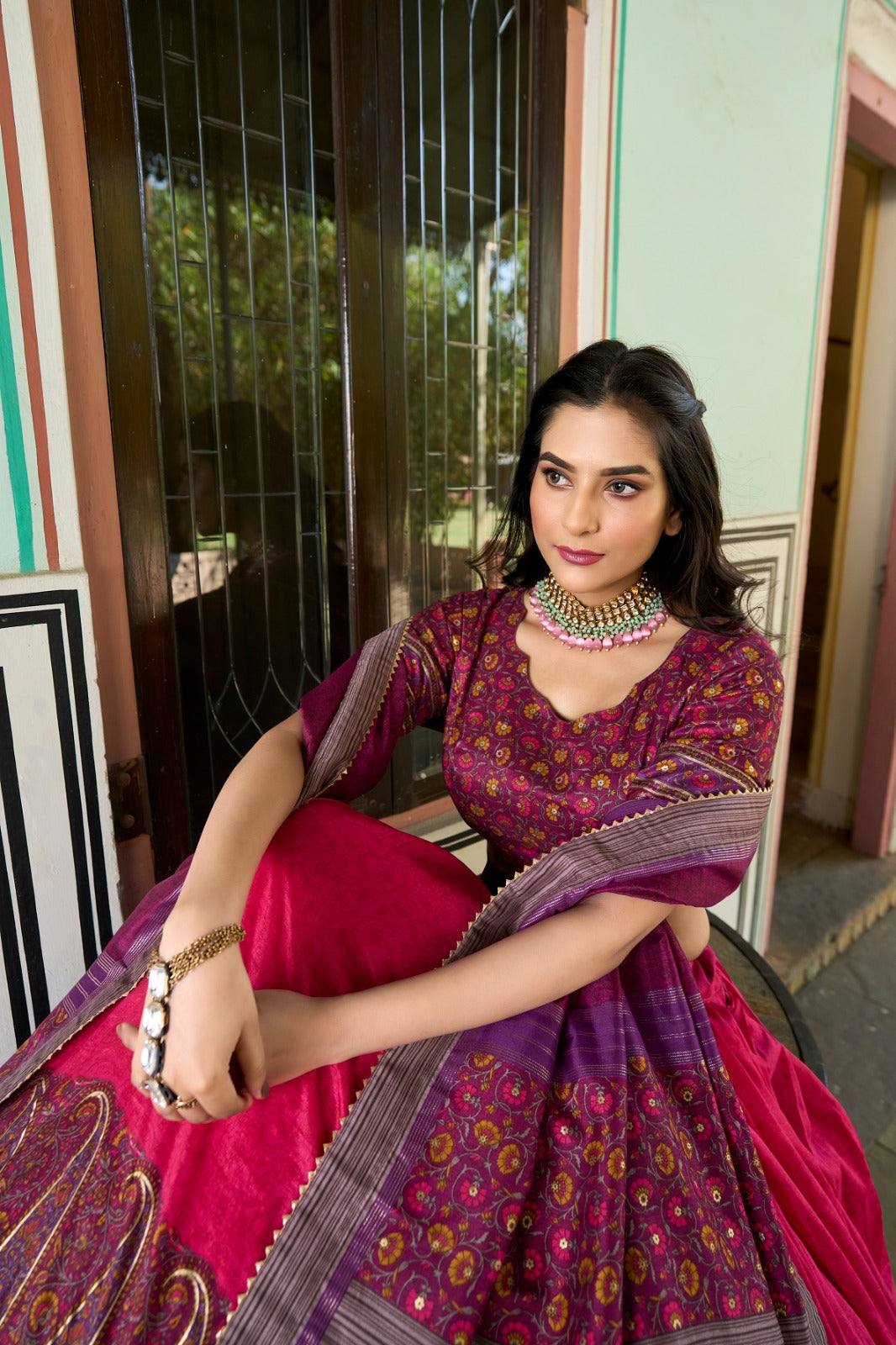 Elegant Tussar Silk Lehenga Choli with Kashmiri Foil Print | Special Occasion Wear