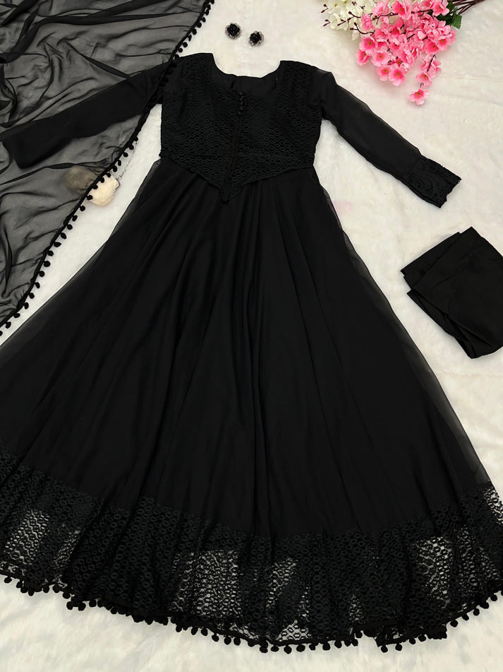 Pure Georgette Anarkali Suit with Pompom Lace Border