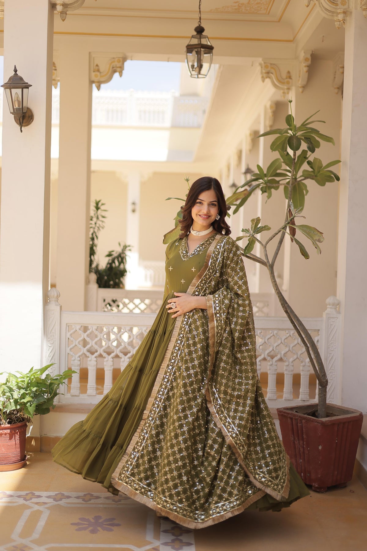 Faux Georgette Anarkali Suit with Embroidery & Frill Detailing