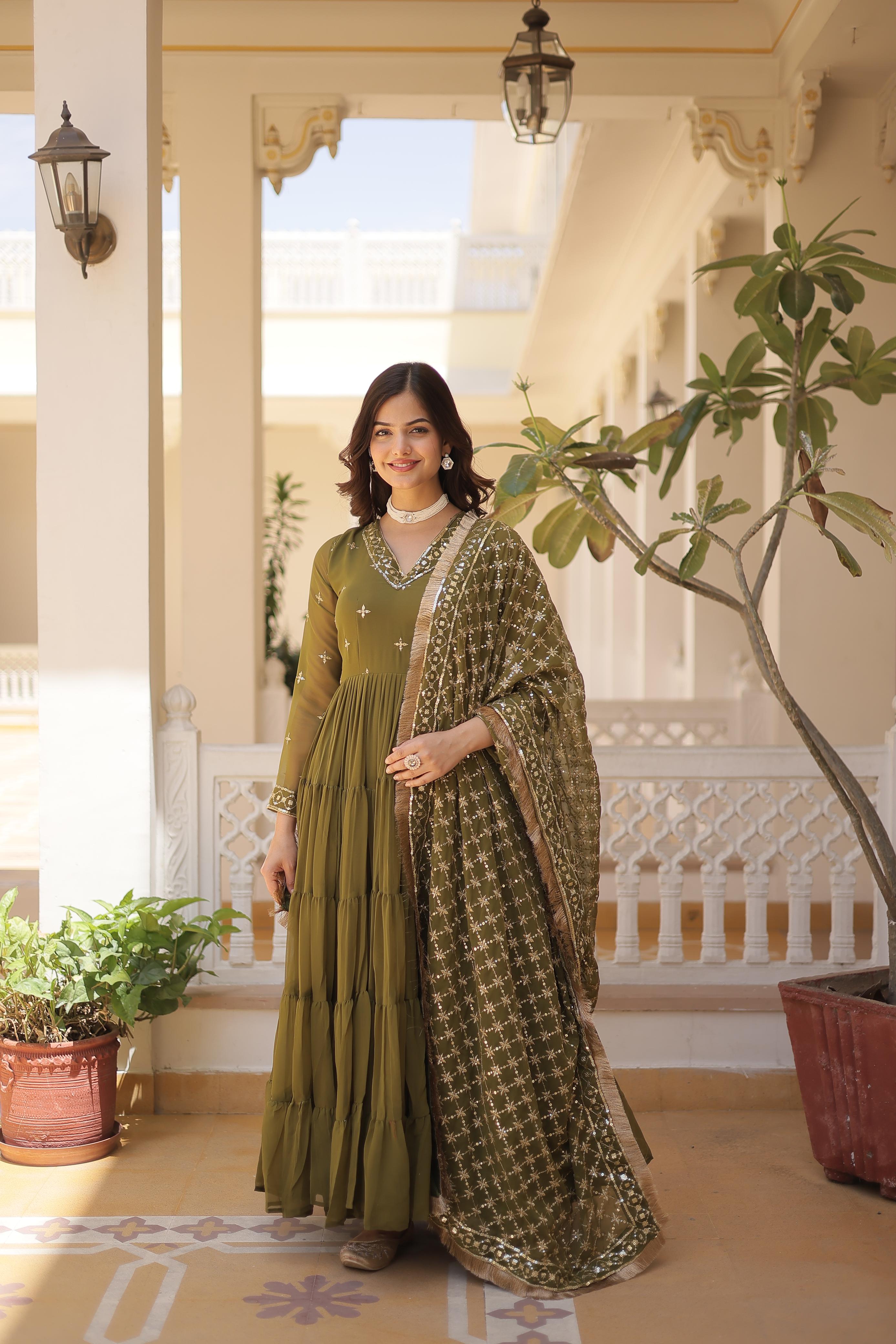 Faux Georgette Anarkali Suit with Embroidery & Frill Detailing