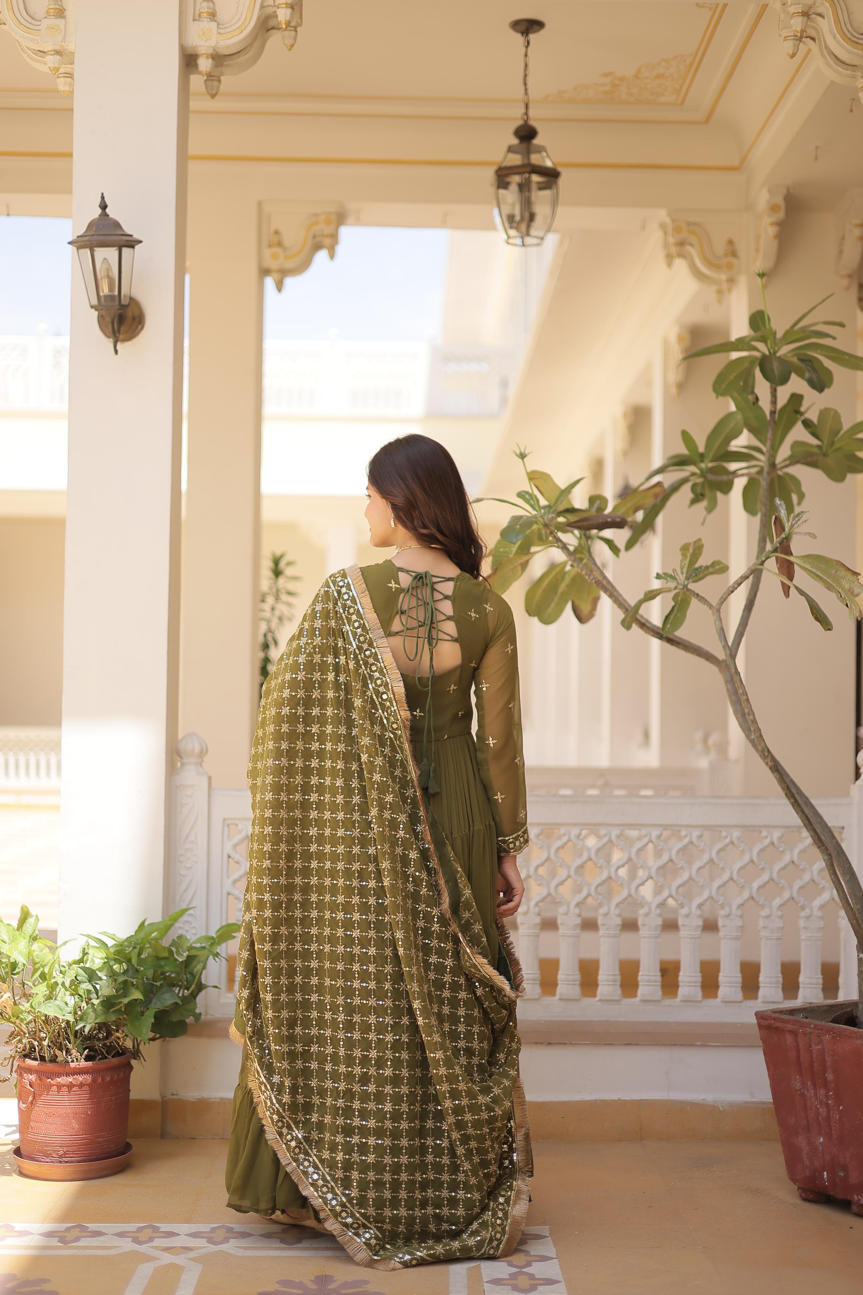 Faux Georgette Anarkali Suit with Embroidery & Frill Detailing