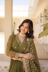 Faux Georgette Anarkali Suit with Embroidery & Frill Detailing