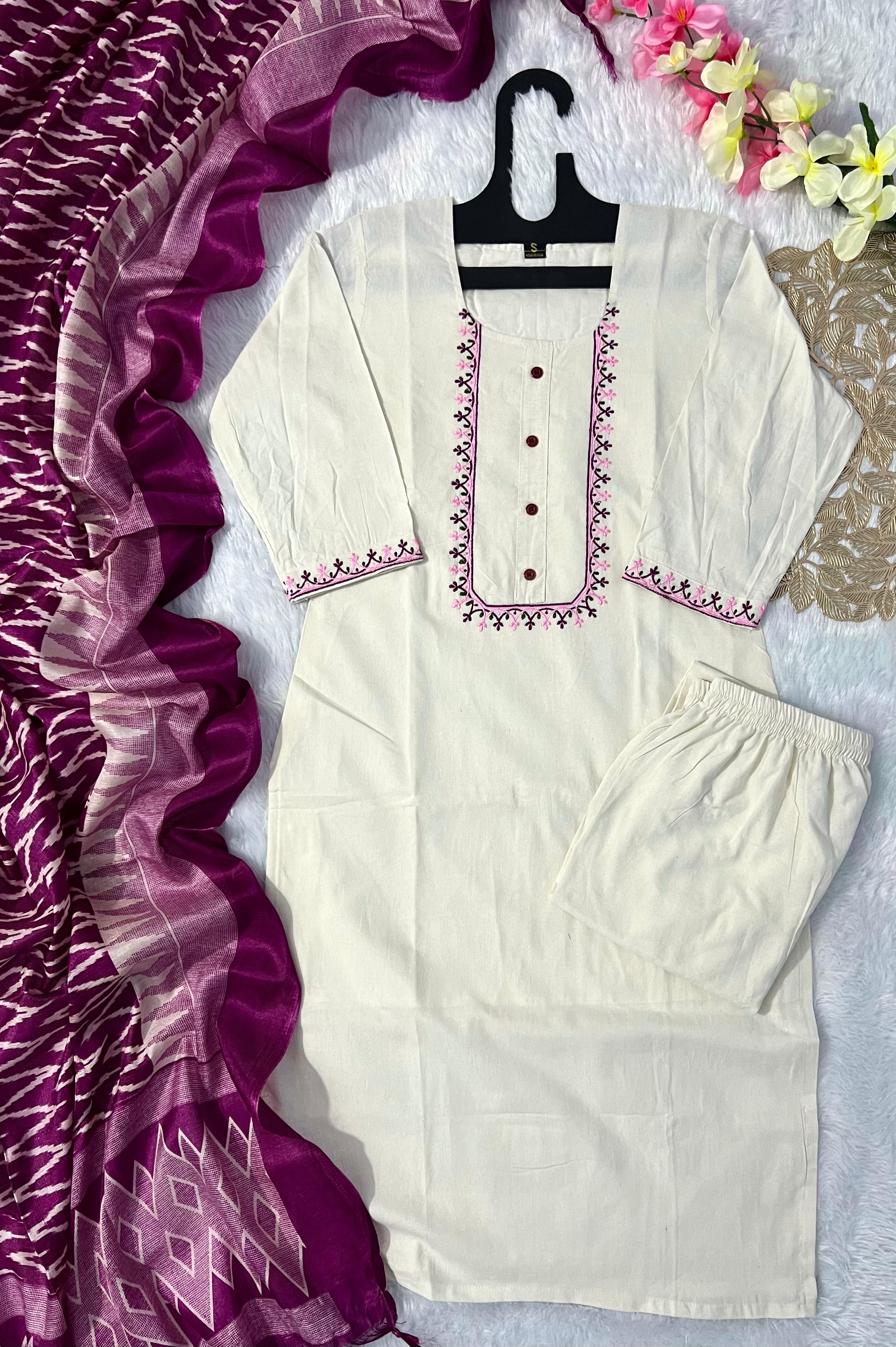 Off-White Embroidered Kurta Set with Trouser & Dupatta