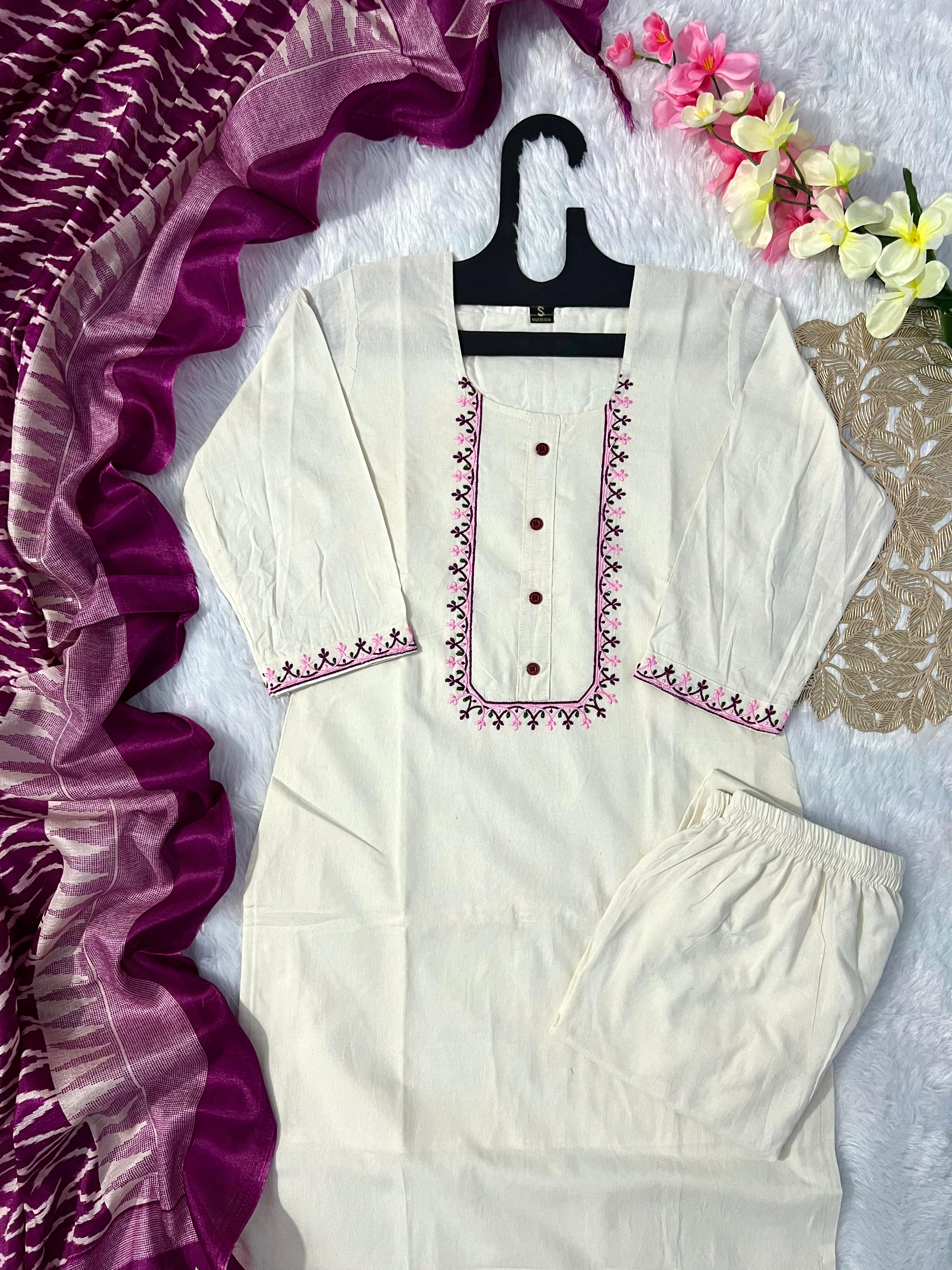 Off-White Embroidered Kurta Set with Trouser & Dupatta