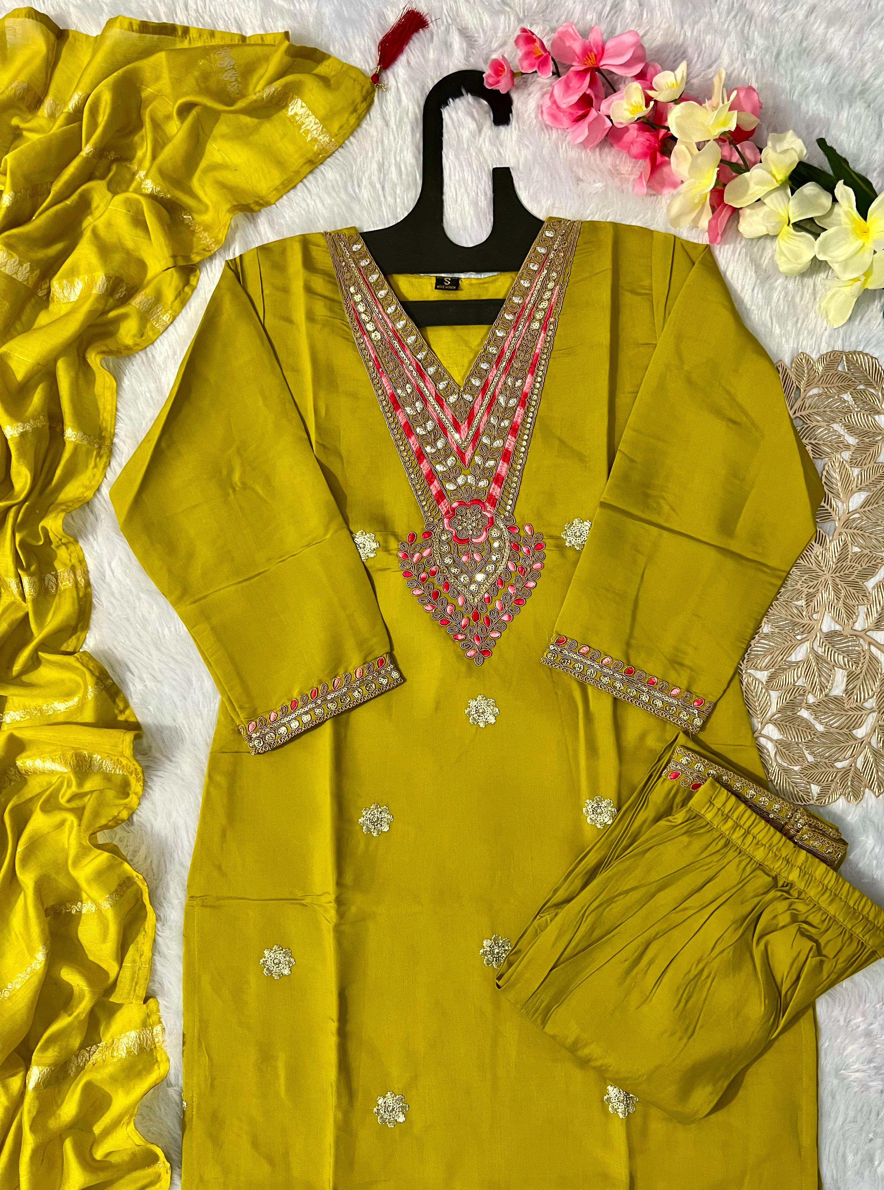 Dark Mustard Roman Silk Embroidered Kurta Set with Trouser & Dupatta