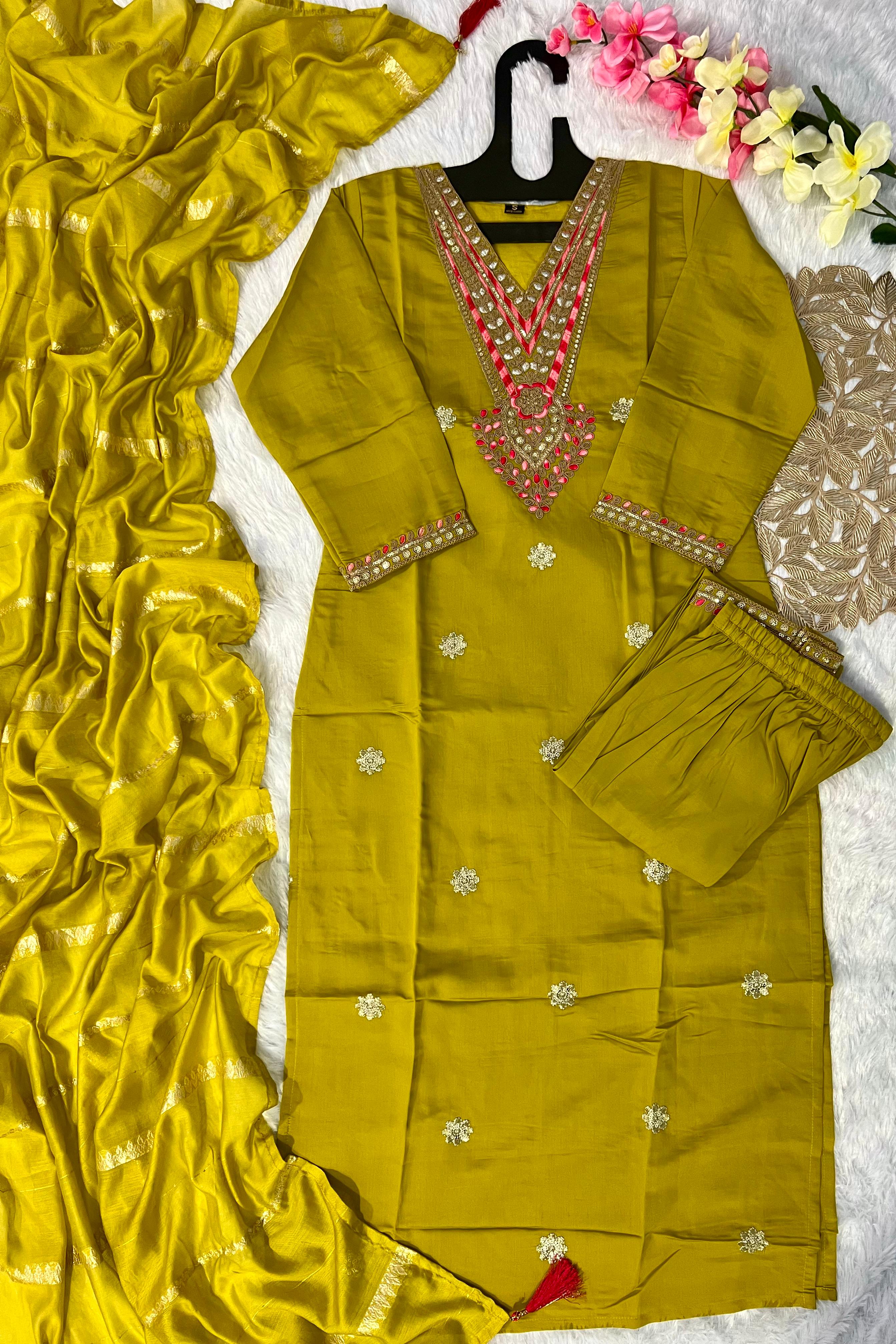 Dark Mustard Roman Silk Embroidered Kurta Set with Trouser & Dupatta