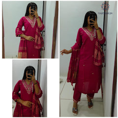 Cherry Roman Silk Embroidered Kurta Set with Trouser & Dupatta