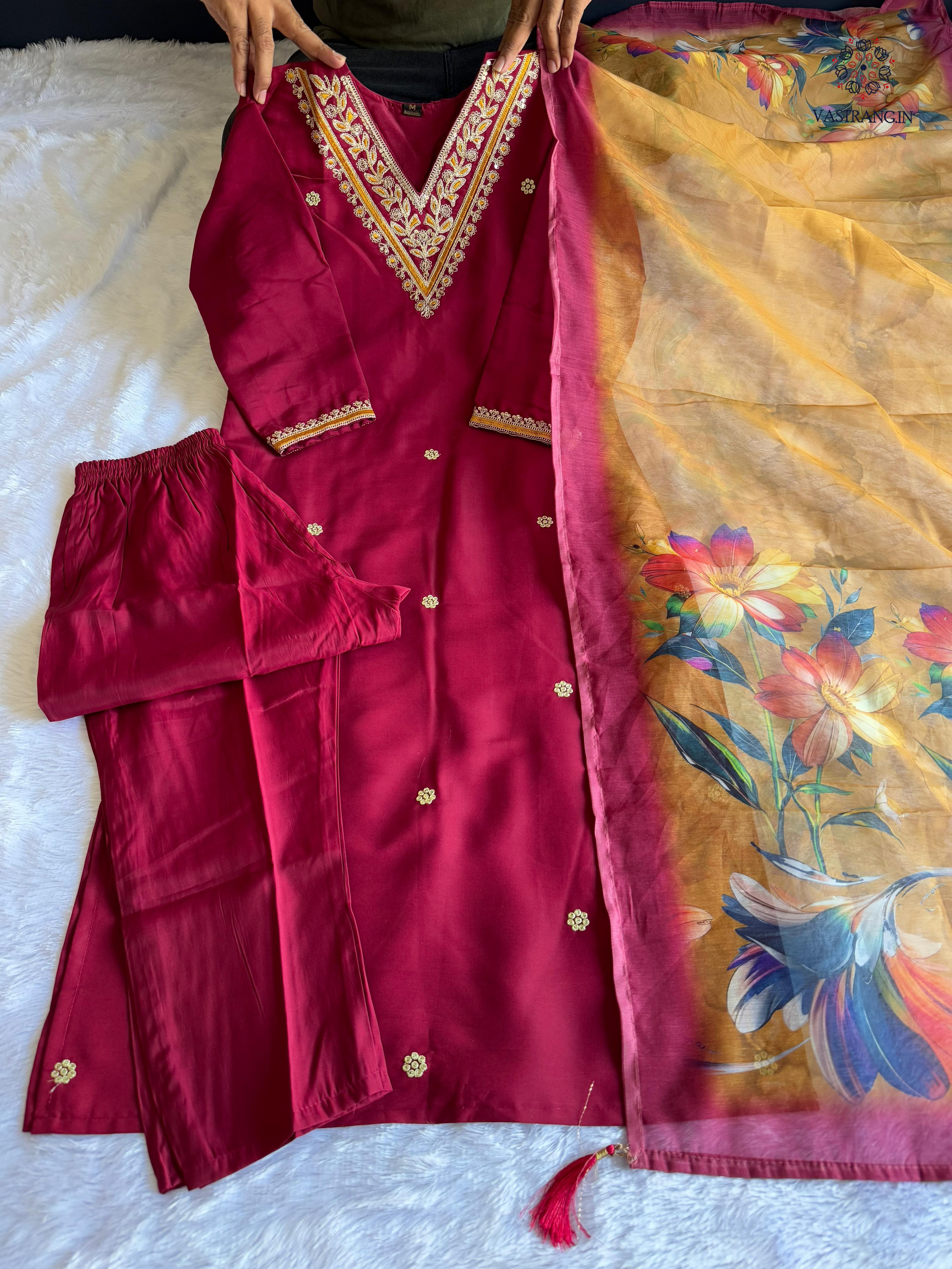 Maroon Roman Silk Embroidered Kurta Set with Trouser & Dupatta
