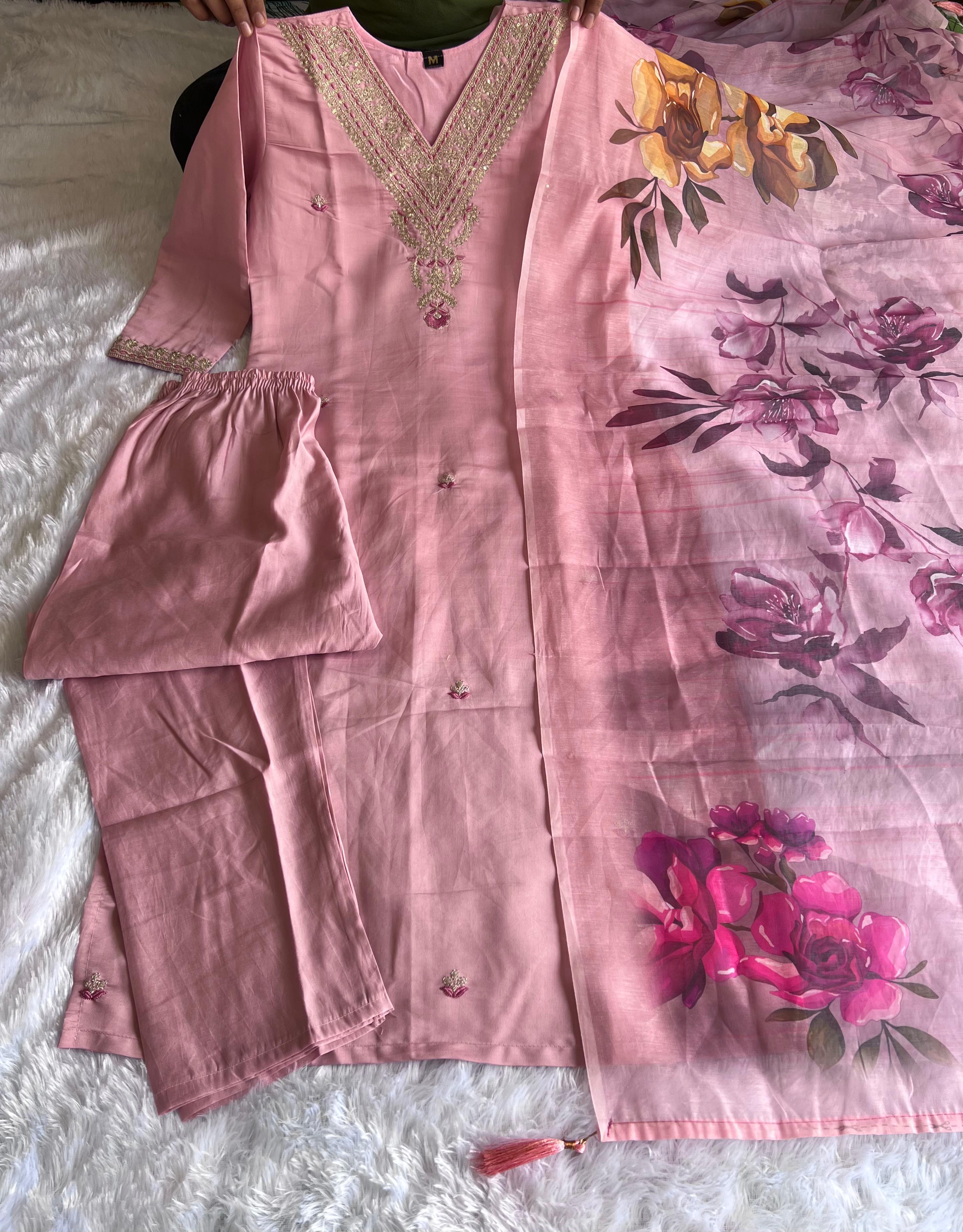 Peach Roman Silk Embroidered Kurta Set with Trouser & Dupatta