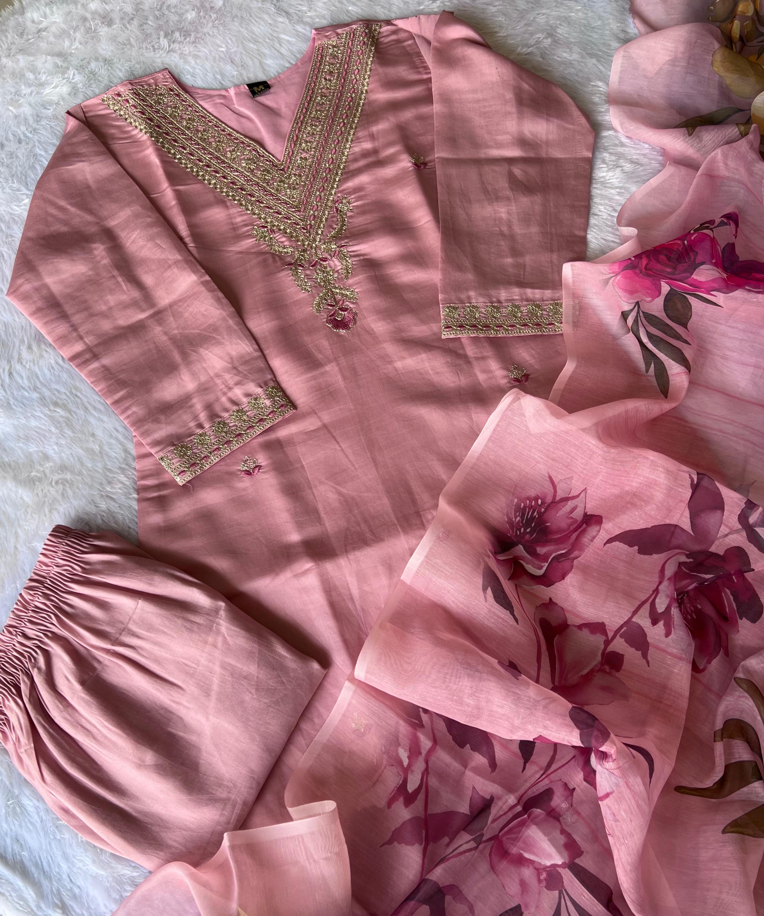 Peach Roman Silk Embroidered Kurta Set with Trouser & Dupatta