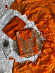 Orange Roman Silk Kurta Set with Embroidery & Sequins