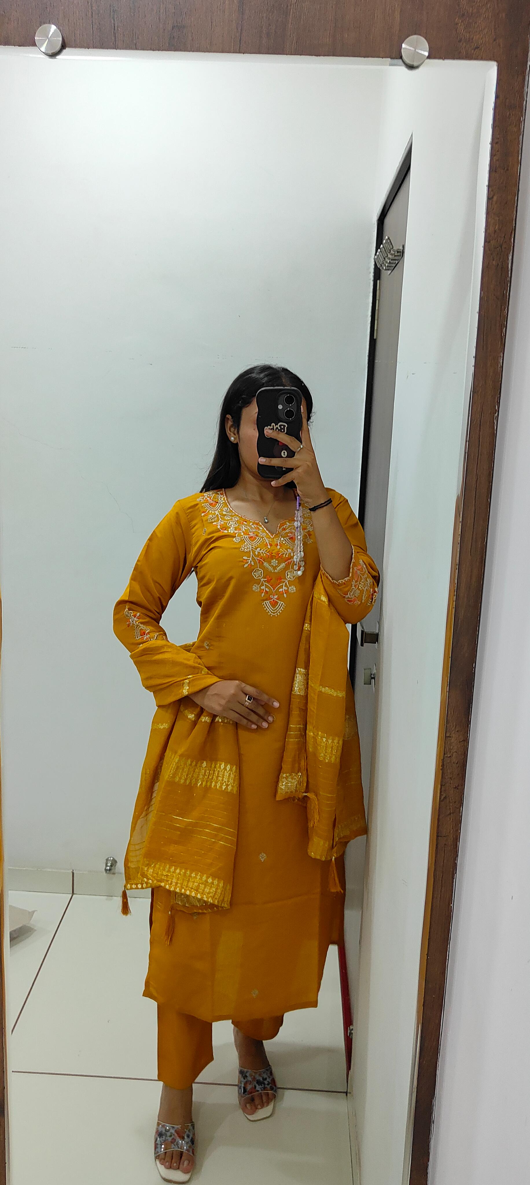 Mustard Roman Silk Embroidered Kurta Set with Trouser & Dupatta