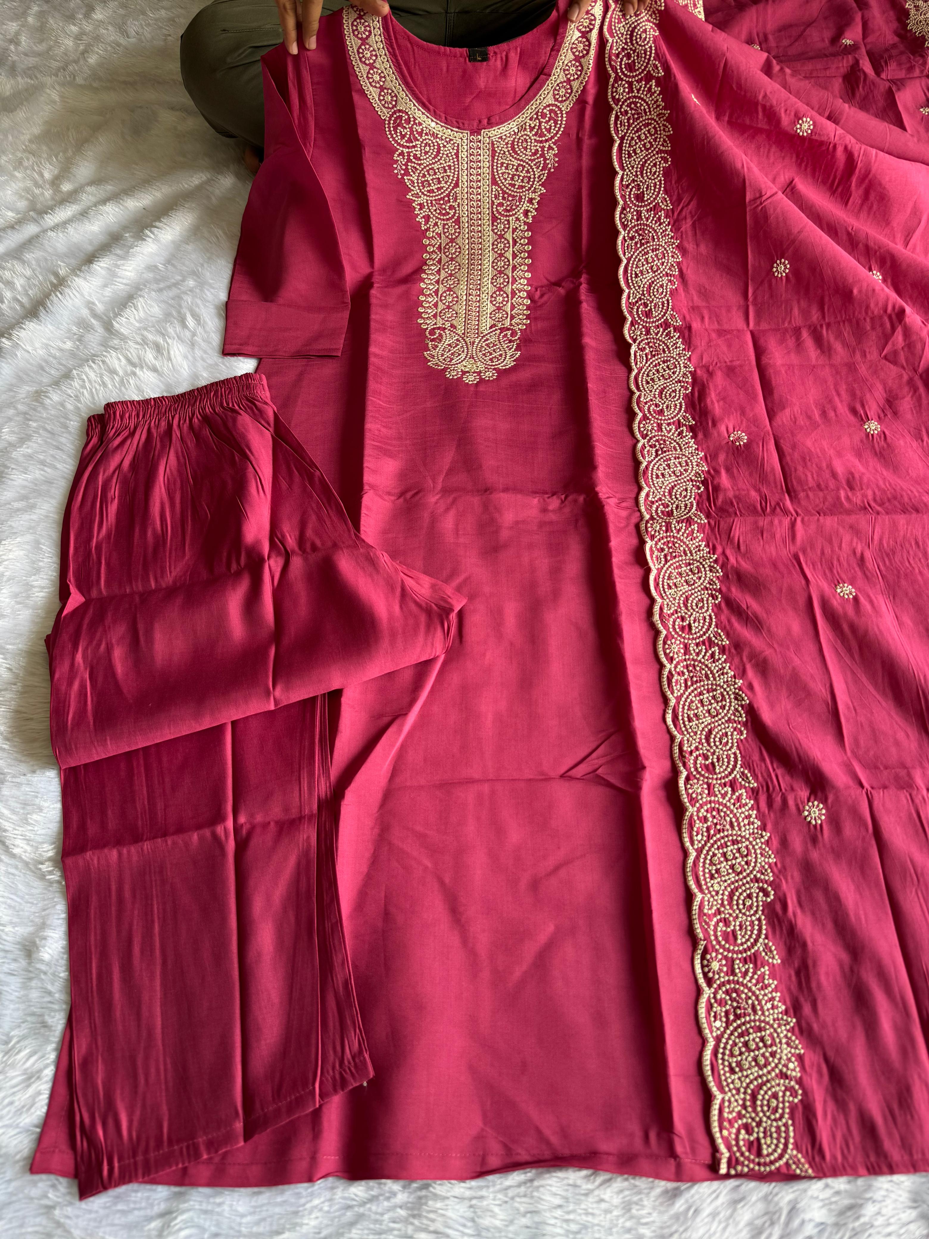 Graceful Peach Roman Silk Kurta Set with Detailed Embroidery
