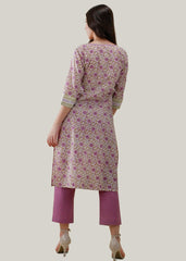 White Cotton Kurta with Purple Contrast Detailing & 3/4 Sleeves