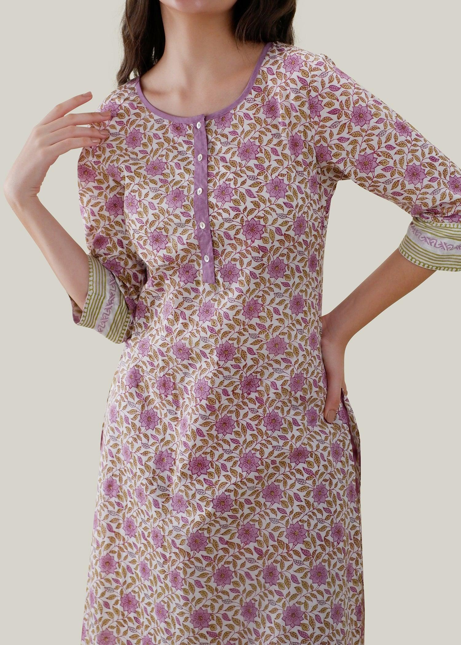 White Cotton Kurta with Purple Contrast Detailing & 3/4 Sleeves