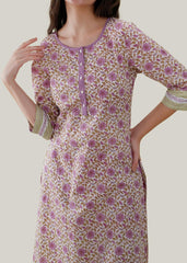White Cotton Kurta with Purple Contrast Detailing & 3/4 Sleeves
