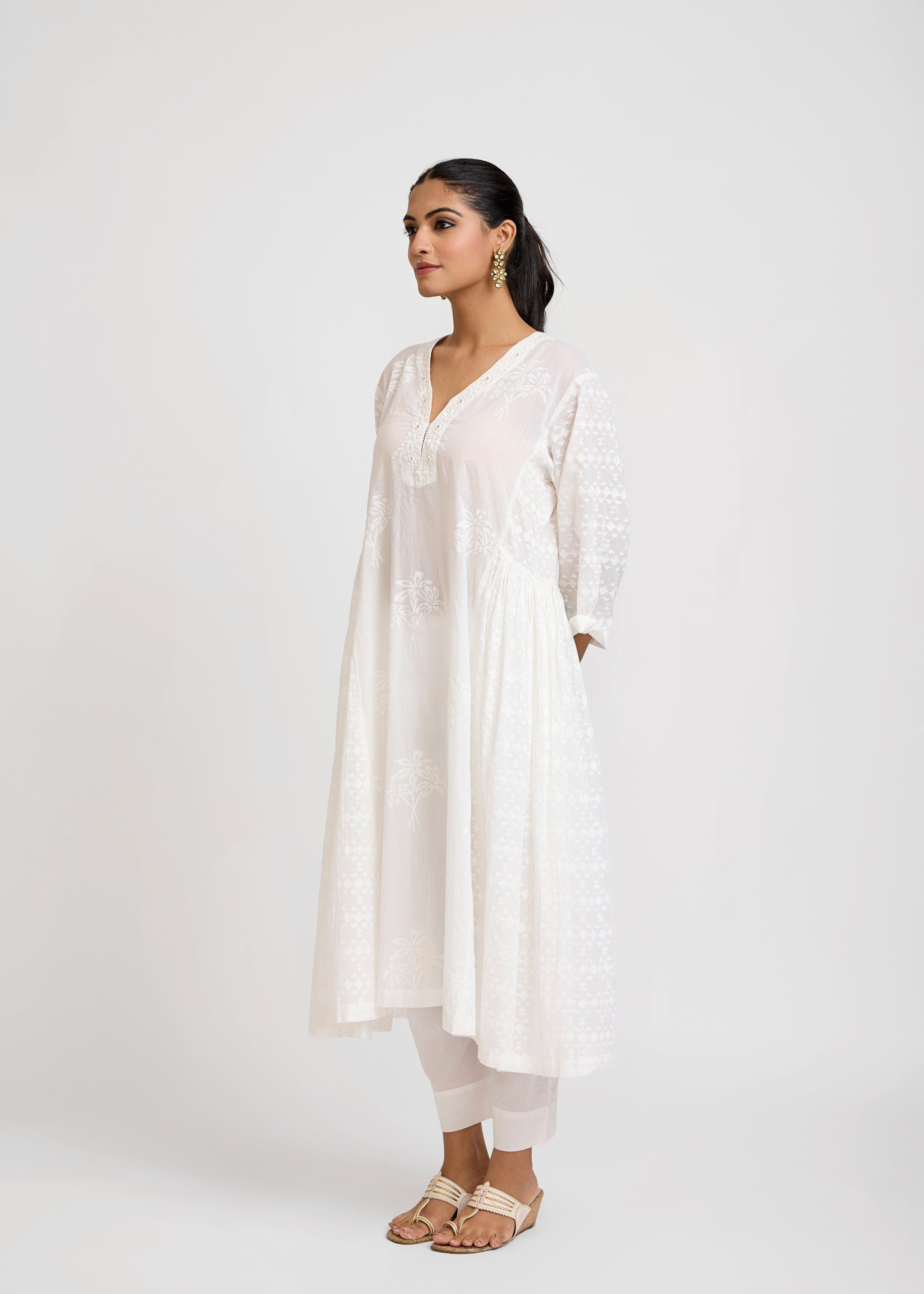 White Cotton Semi-Flared Kurta with Embroidery