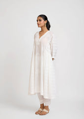 White Cotton Semi-Flared Kurta with Embroidery