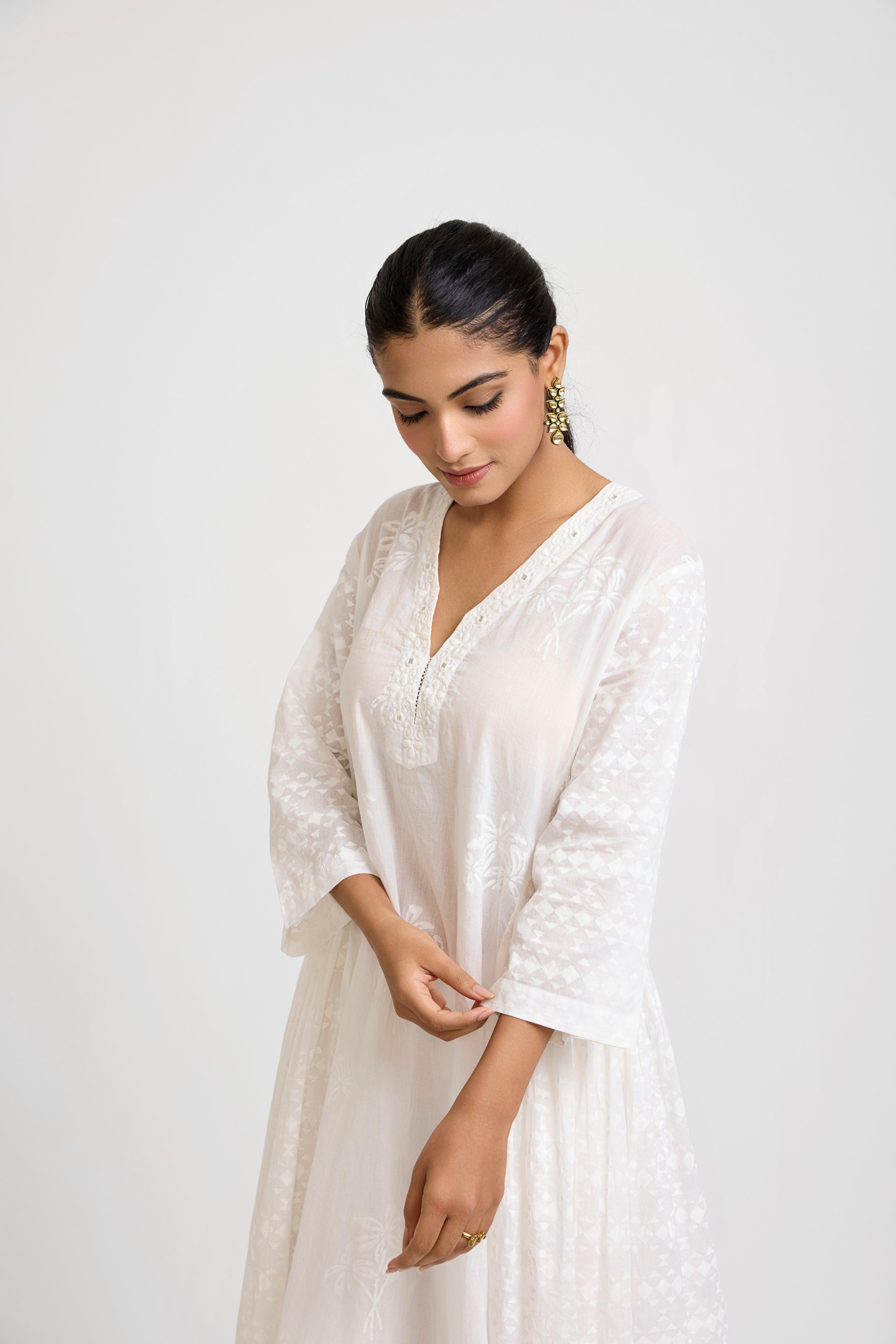 White Cotton Semi-Flared Kurta with Embroidery