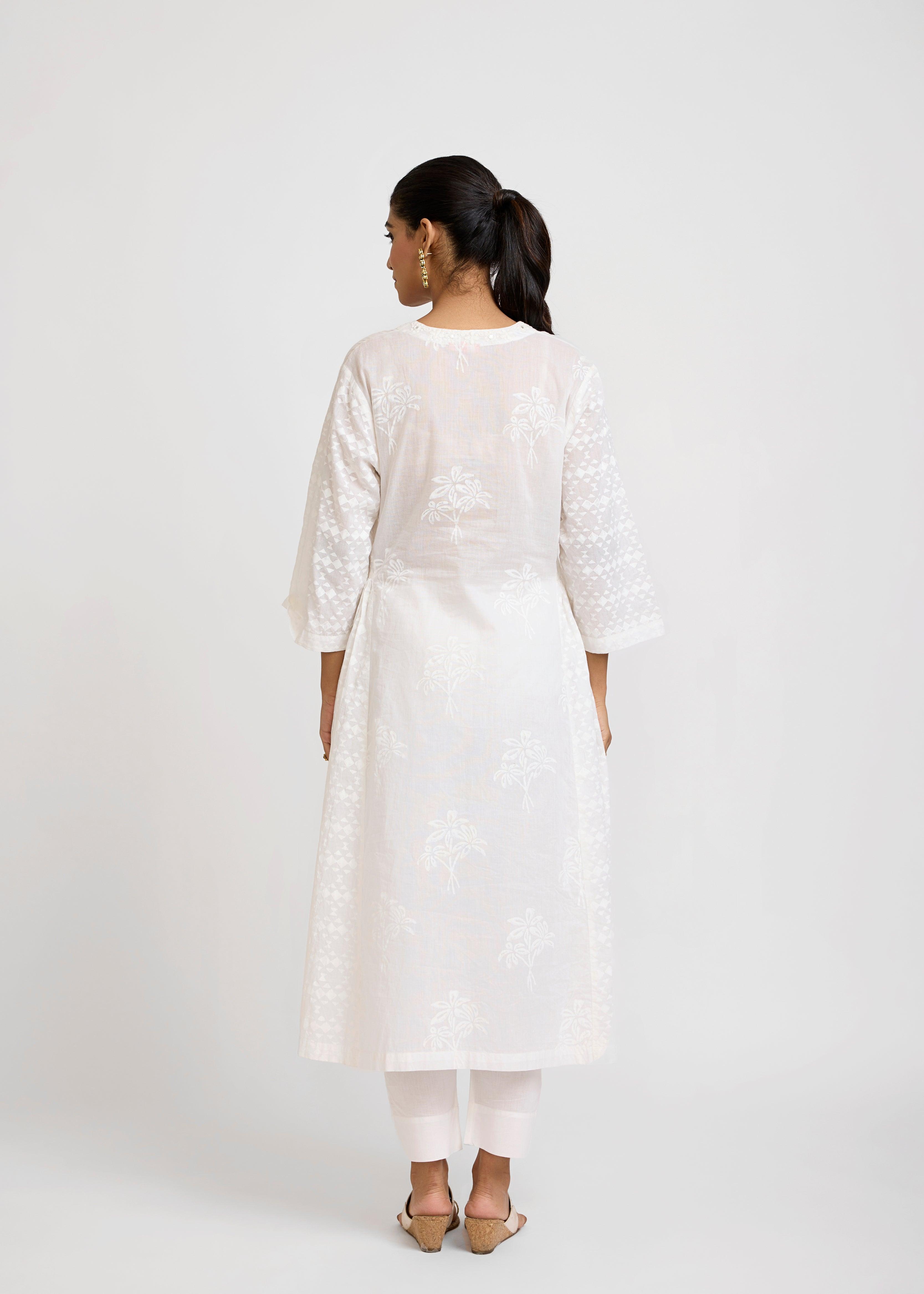 White Cotton Semi-Flared Kurta with Embroidery