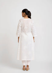 White Cotton Semi-Flared Kurta with Embroidery