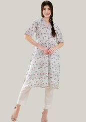 White Cotton V-Neck Kurta with Red Print & Short Sleeves