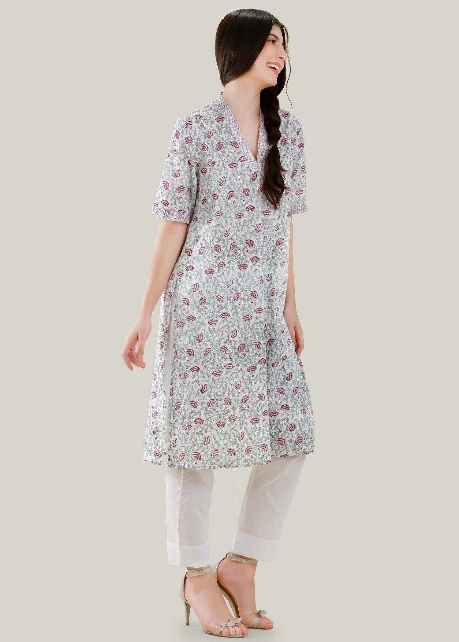 White Cotton V-Neck Kurta with Red Print & Short Sleeves