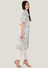 White Cotton V-Neck Kurta with Red Print & Short Sleeves