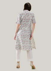 White Cotton V-Neck Kurta with Red Print & Short Sleeves
