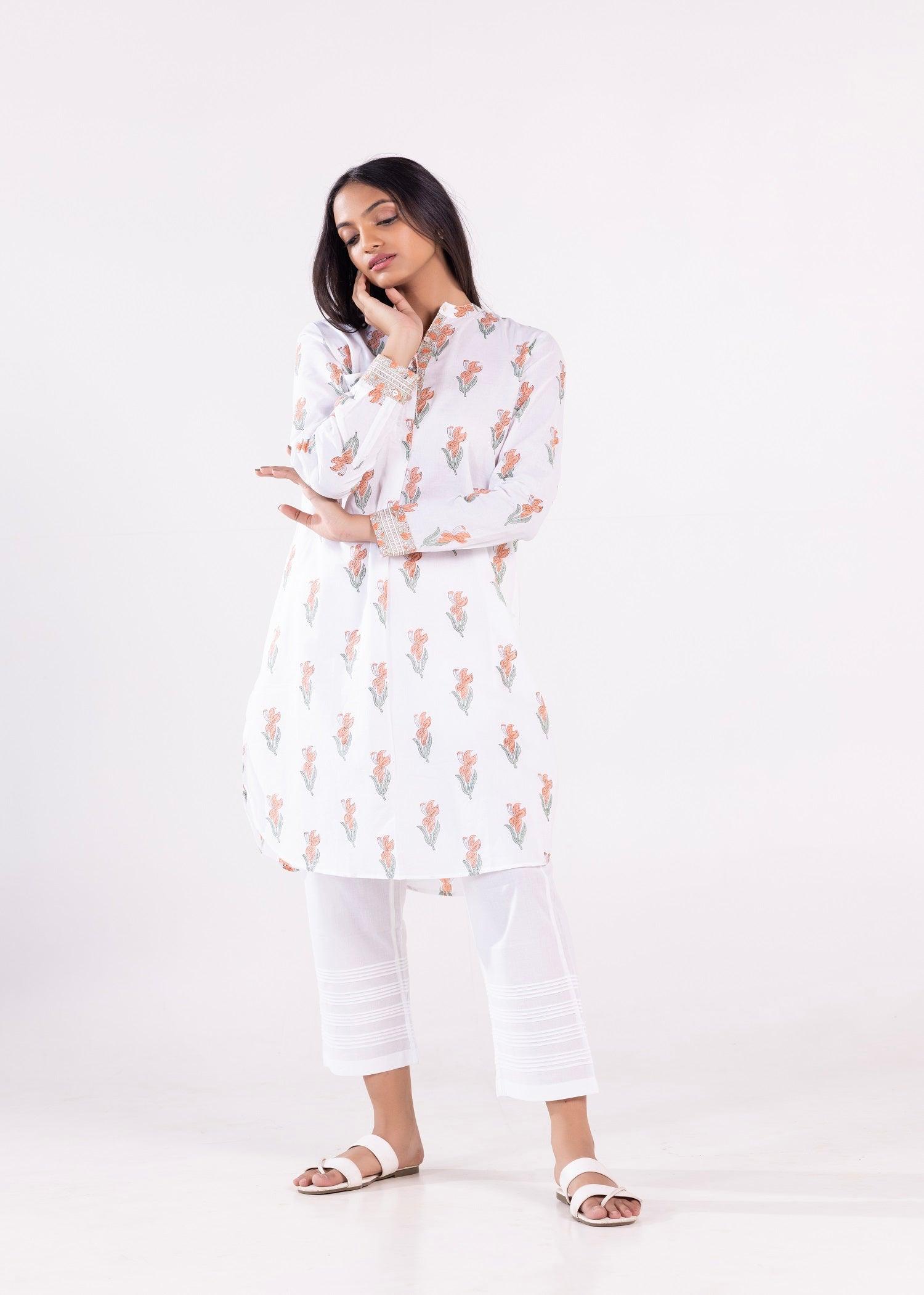 White & Dusty Orange Cotton Kurta with Handcrafted Block Print