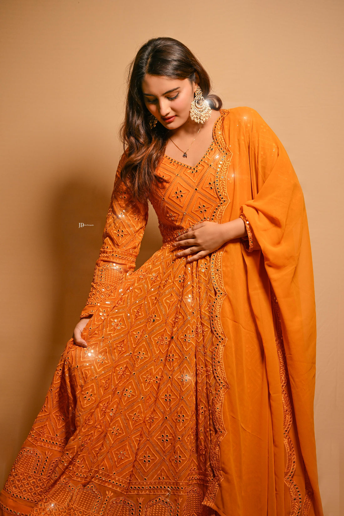 White Georgette Anarkali Suit with Sequin Embroidery & Dupatta