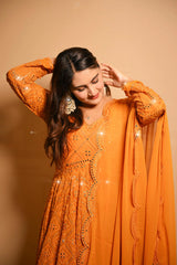 White Georgette Anarkali Suit with Sequin Embroidery & Dupatta