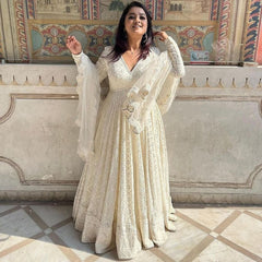 White Lucknowi Embroidered Georgette Anarkali Set with Dupatta – Festive Wear