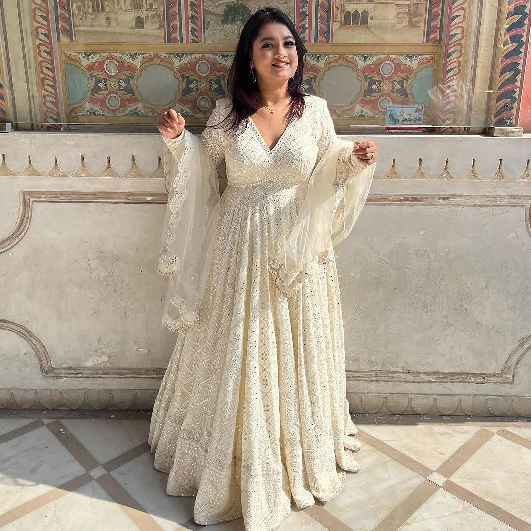 White Lucknowi Embroidered Georgette Anarkali Set with Dupatta – Festive Wear