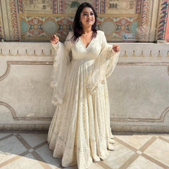 White Lucknowi Embroidered Georgette Anarkali Set with Dupatta – Festive Wear