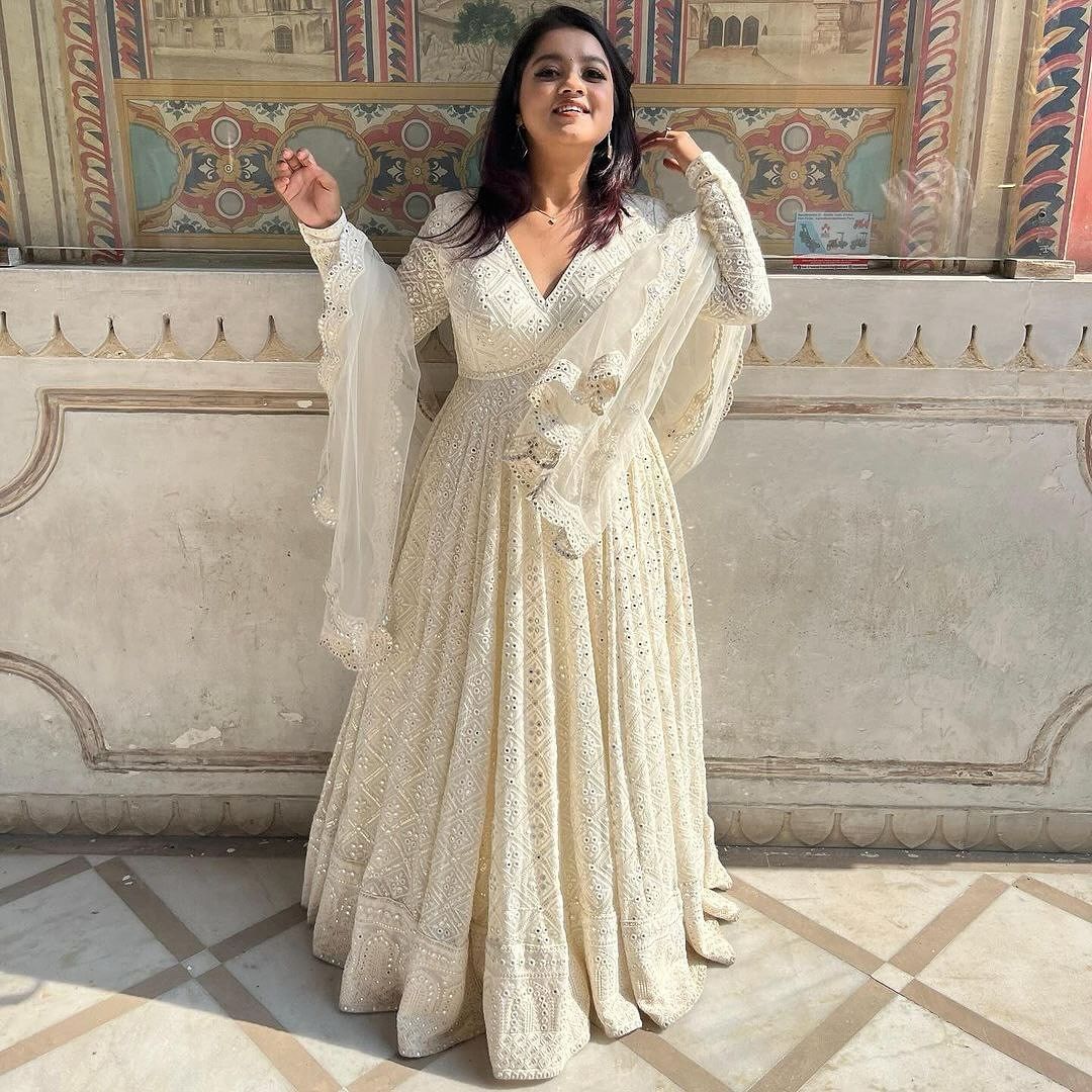 White Lucknowi Embroidered Georgette Anarkali Set with Dupatta – Festive Wear